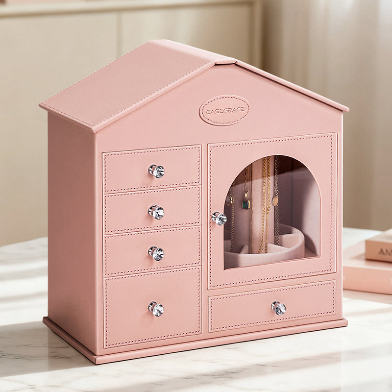 Jewelry Organizer Box – Elegant Pink House Design with Spacious Storage