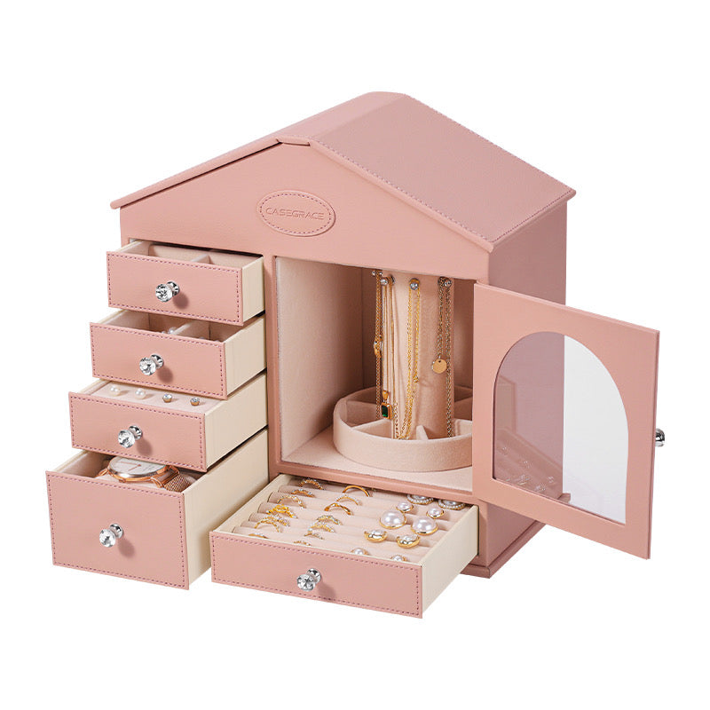 Jewelry Organizer Box – Elegant Pink House Design with Spacious Storage
