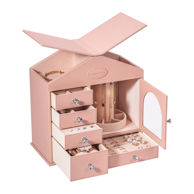 Jewelry Organizer Box – Elegant Pink House Design with Spacious Storage