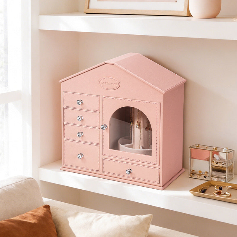Jewelry Organizer Box – Elegant Pink House Design with Spacious Storage