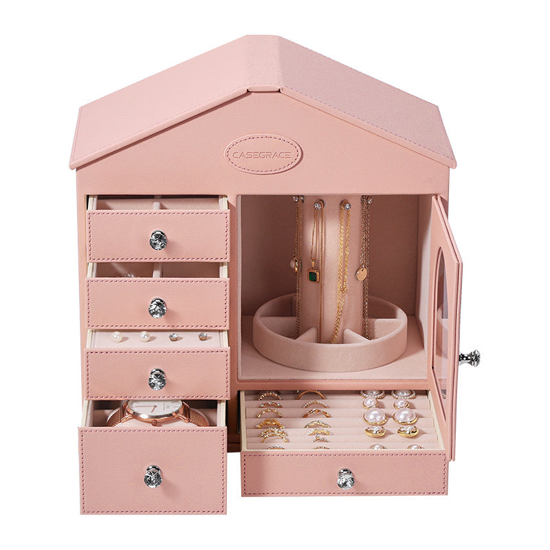 Jewelry Organizer Box – Elegant Pink House Design with Spacious Storage