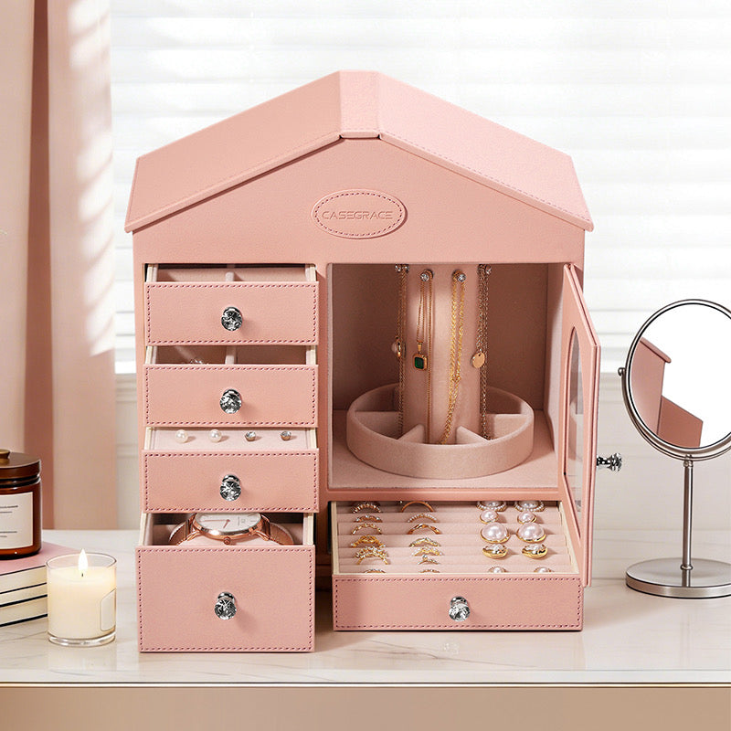 Jewelry Organizer Box – Elegant Pink House Design with Spacious Storage