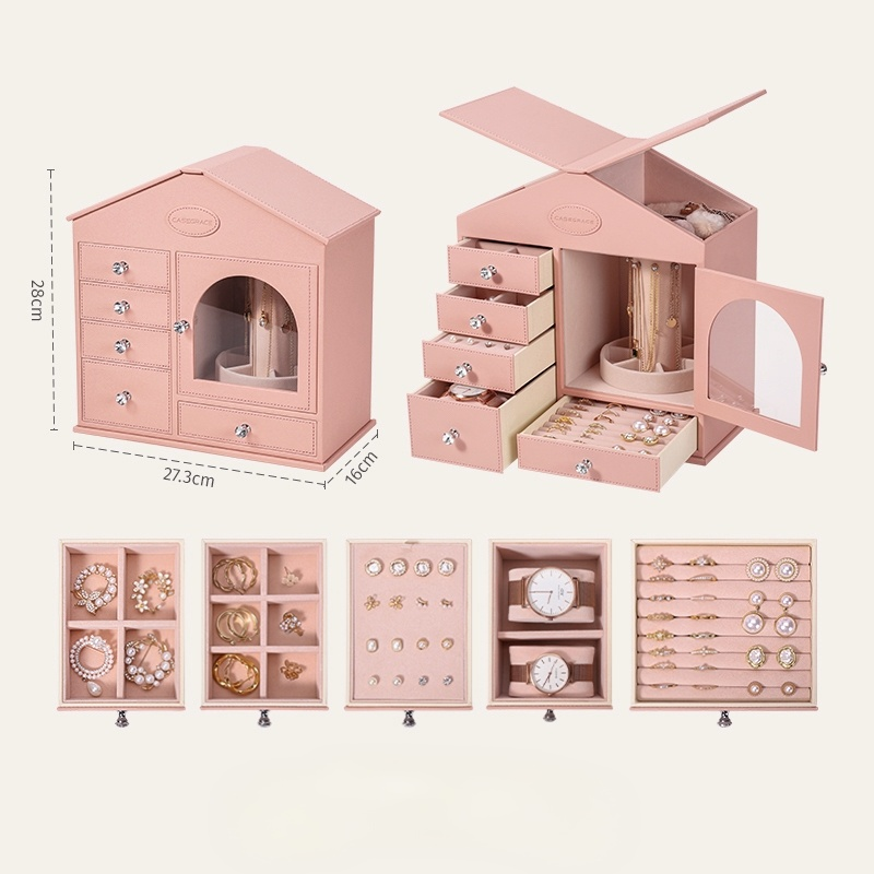 Jewelry Organizer Box – Elegant Pink House Design with Spacious Storage